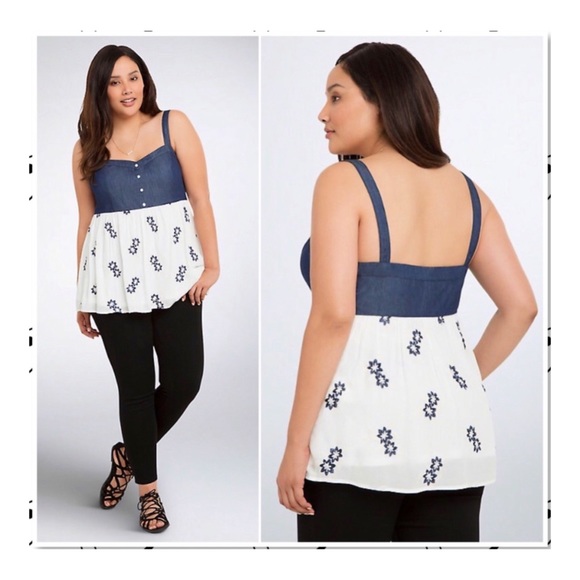 Torrid Chambray Embroidered Tank Top - Picture 1 of 4